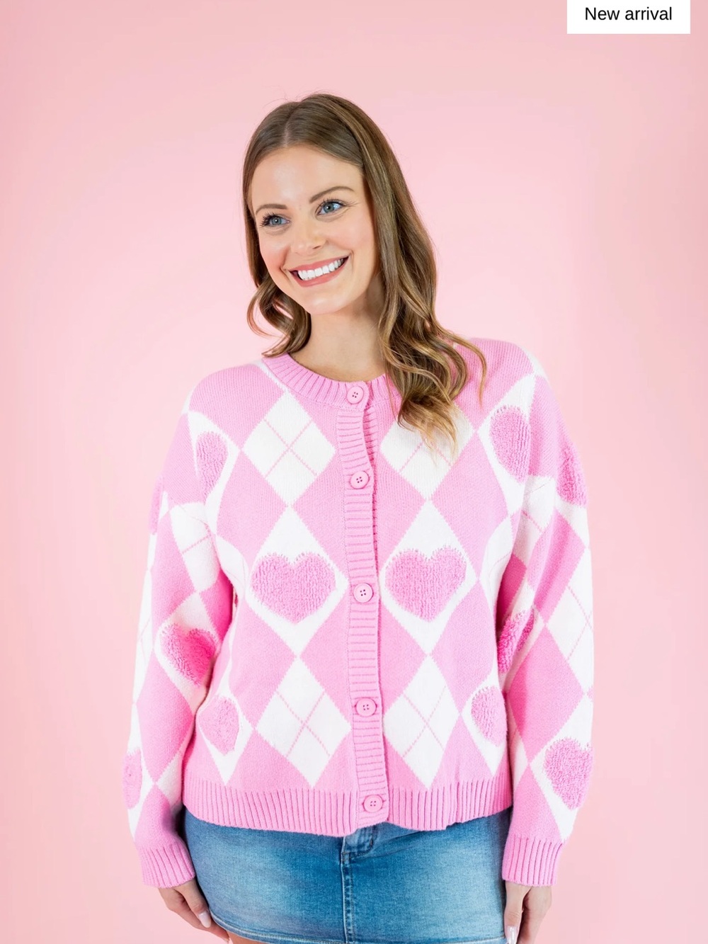 Le lis Pink Heart Argyle Button-Up Sweater Cardigan - Picture 1 of 4